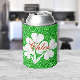 Personalized White Clovers Green Glitter Can Cooler