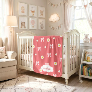 Personalized White Daisy, Pink Bows & Hearts Baby Blanket