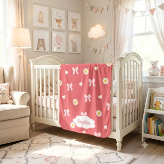 Personalized White Daisy, Pink Bows & Hearts Baby Blanket