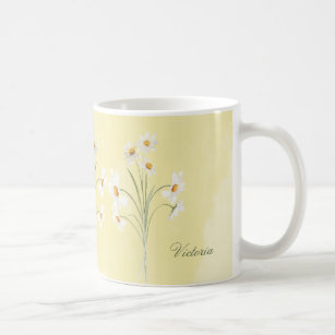 Personalized White Daisy Yellow Floral Watercolor Coffee Mug