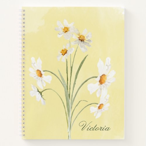 Personalized White Daisy Yellow Floral Watercolor  Notebook