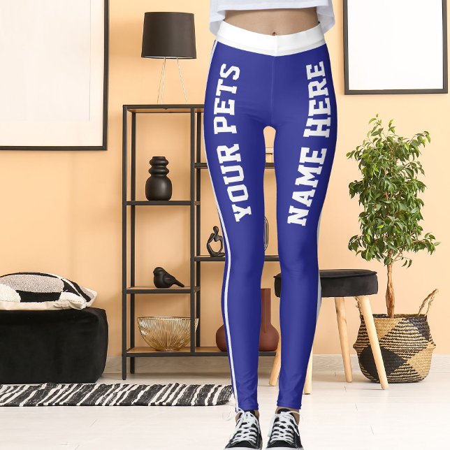 Personalized White Deep Blue Stripes Pet Names Leggings (Creator Uploaded)