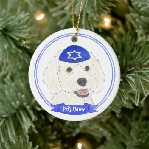 Personalized White Doodle Dog Hanukkah Ceramic Ornament