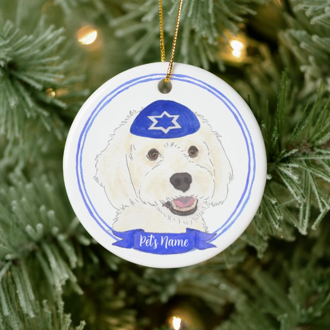 Personalized White Doodle Dog Hanukkah Ceramic Ornament (Tree)