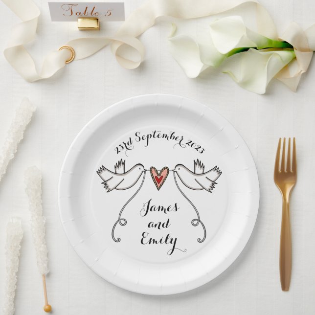 Personalized White Doves Wedding Food Paper Plate (Wedding)