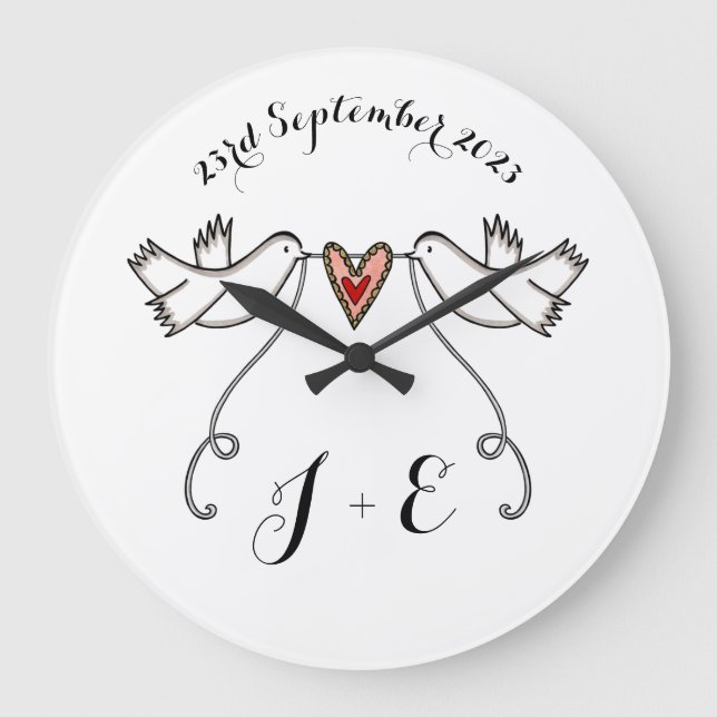 Personalized White Doves Wedding Gift Acrylic Large Clock (Front)