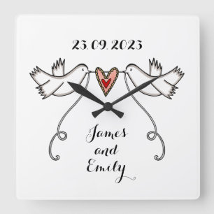 Personalized White Doves Wedding Gift Acrylic Squa Square Wall Clock