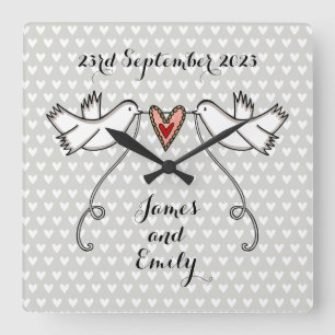 Personalized White Doves Wedding Gift Acrylic Squa Square Wall Clock