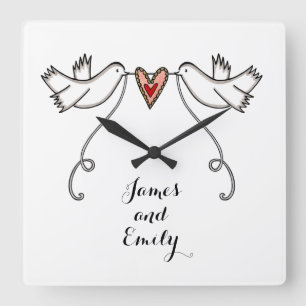 Personalized White Doves Wedding Gift Acrylic Squa Square Wall Clock