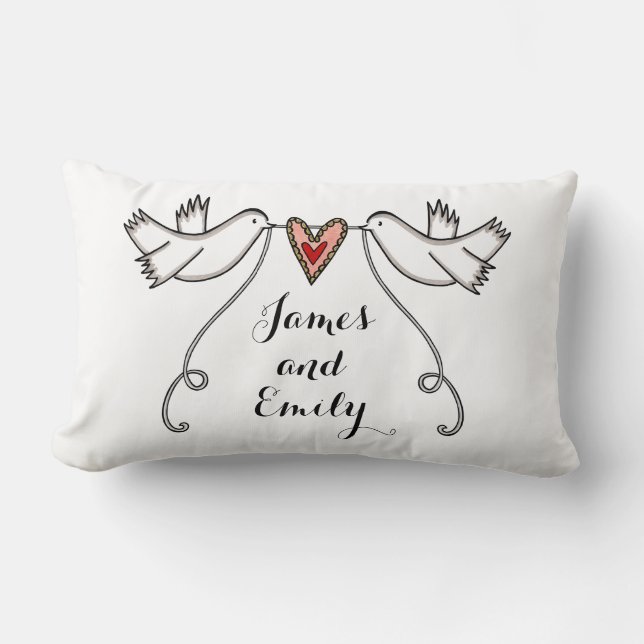 Personalized White Doves Wedding Gift Lumbar Pillow (Front)