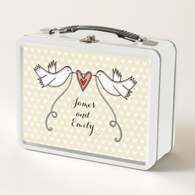 Personalized White Doves Wedding Metal Lunch Box (Front)