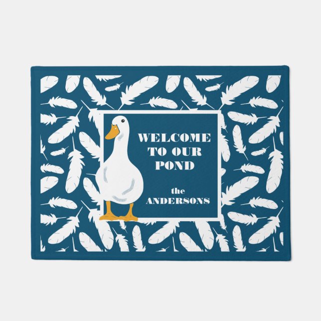 Personalized White Duck and Feathers Navy Blue Doormat (Front)