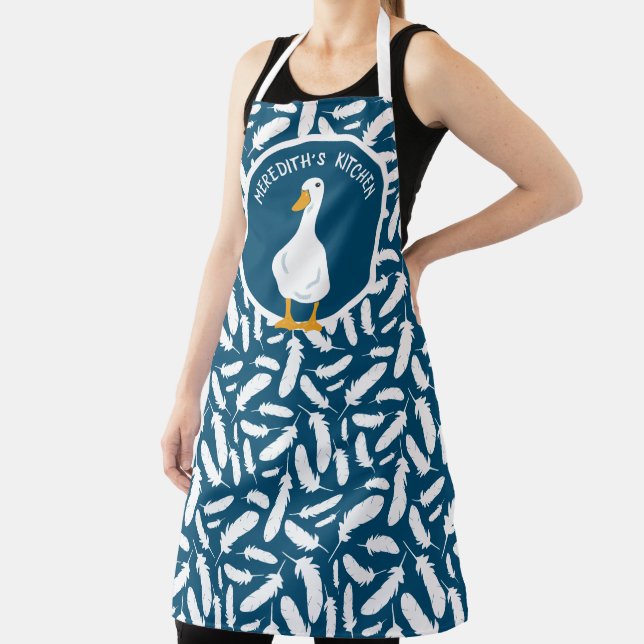 Personalized White Duck Feathers Pattern Navy Blue Apron (Insitu)