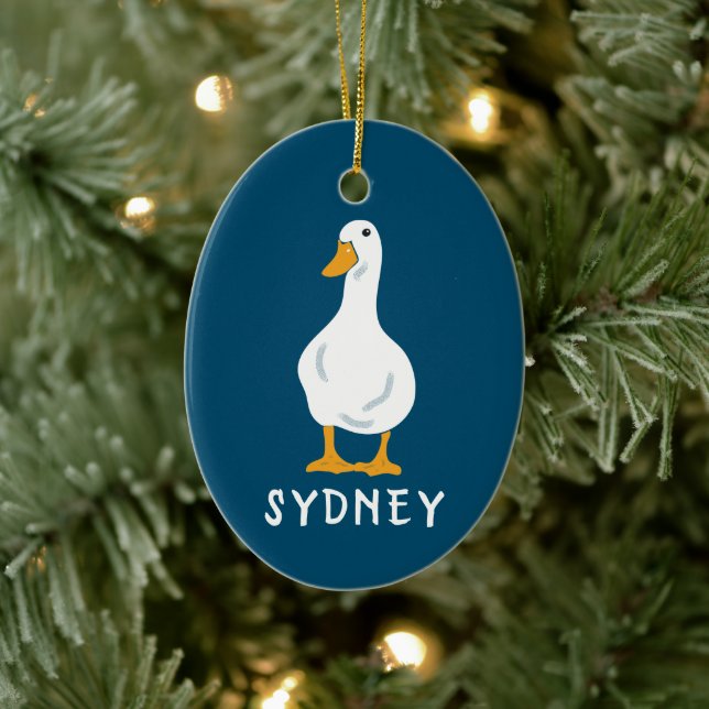 Personalized White Duck Illustration Navy Blue Ceramic Ornament (Tree)
