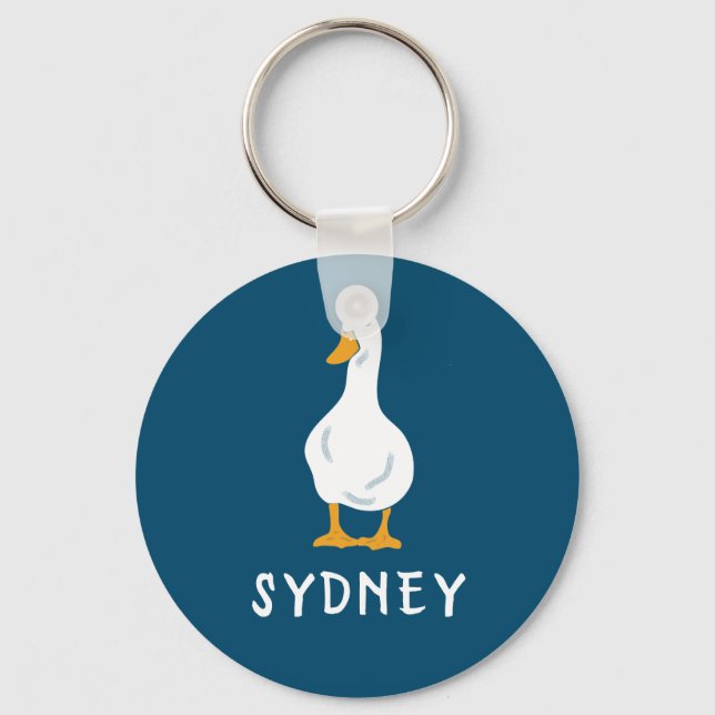 Personalized White Duck Illustration Navy Blue Keychain (Front)