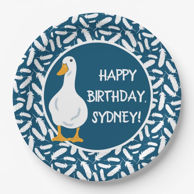 Personalized White Duck Illustration Navy Blue Paper Plates (Front)