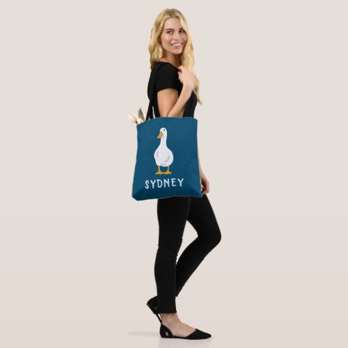 Personalized White Duck Illustration Navy Blue Tote Bag