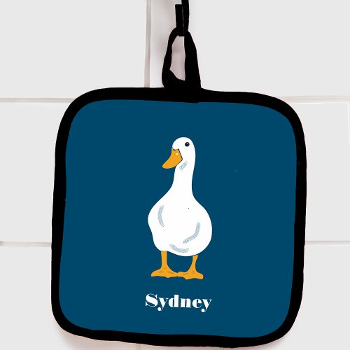 Personalized White Duck Illustration on Blue Pot Holder
