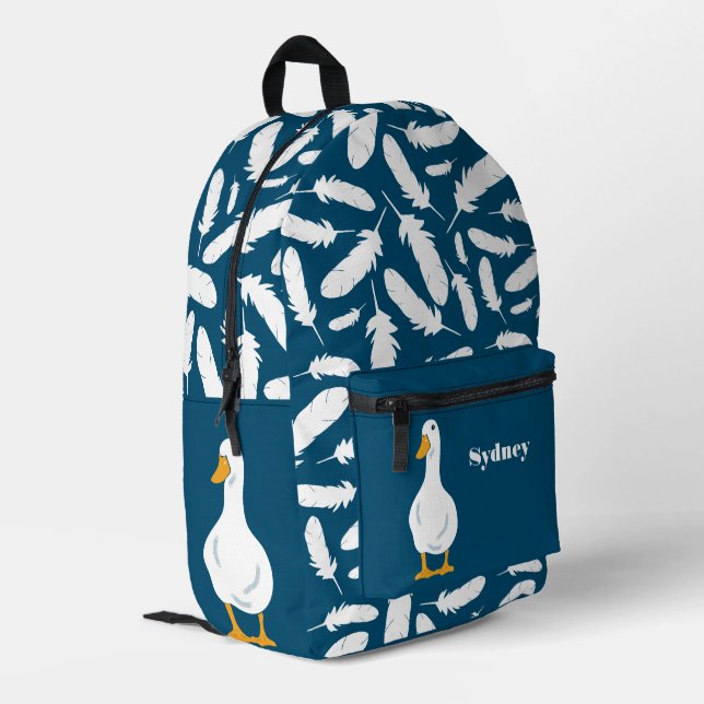 Personalized White Duck Illustration with Feathers Printed Backpack (Back Corner Left)