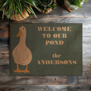 Personalized White Duck Navy Blue Fiber Doormat