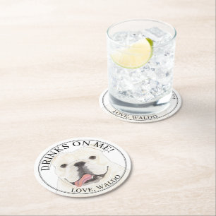 Personalized White English Bulldog Dog Wedding Round Paper Coaster