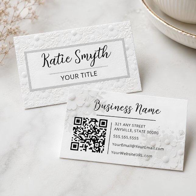 Personalized White Faux Embossed Flora Business Card (White Faux Embossed Flora Business Card)