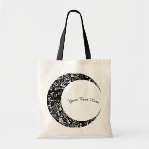 Personalized White Floral Crescent Moon Tote Bag
