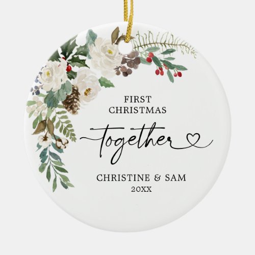 Personalized White Floral First Christmas Together Ceramic Ornament