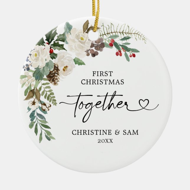 Personalized White Floral First Christmas Together Ceramic Ornament (Front)