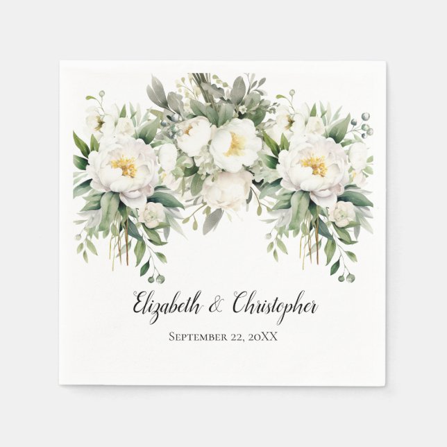 Personalized White Floral Greenery Wedding  Napkins (Front)