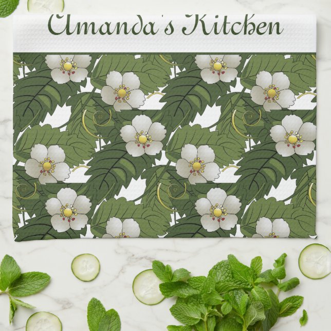 Personalized White Floral  Kitchen Towel (Folded)