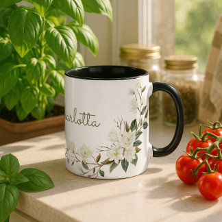 Personalized White Floral Mug, Elegant Custom Name Mug