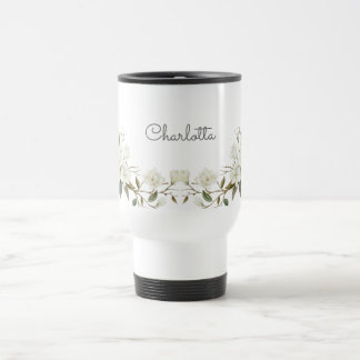 Personalized White Floral Mug, Elegant Custom Name Travel Mug