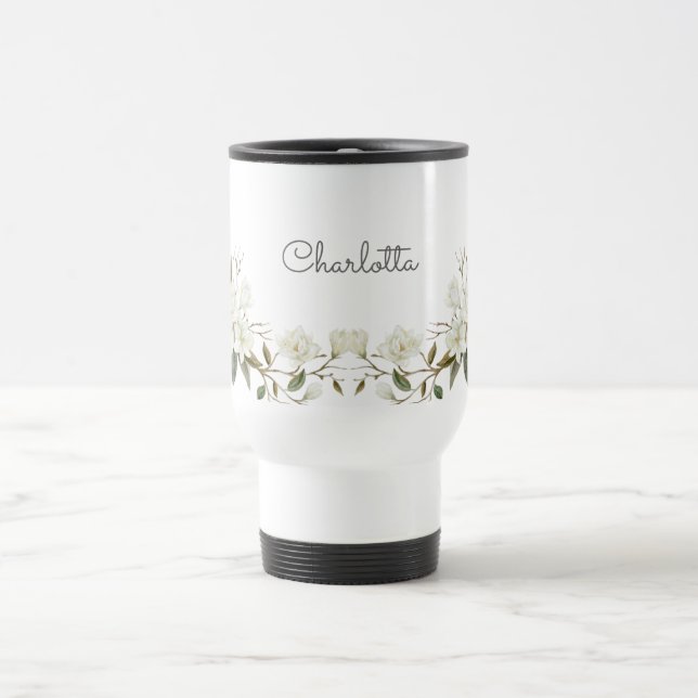 Personalized White Floral Mug, Elegant Custom Name Travel Mug (Center)