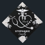 Personalized White Floral Nursing School RN Graduation Cap Topper<br><div class="desc">Personalized Registered Nurse RN Graduation Cap black background with white silver florals. Add graduation year and grad's name.</div>
