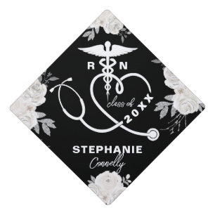 Personalized White Floral Nursing School RN Graduation Cap Topper
