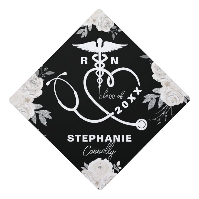 Personalized White Floral Nursing School RN Graduation Cap Topper (Front)