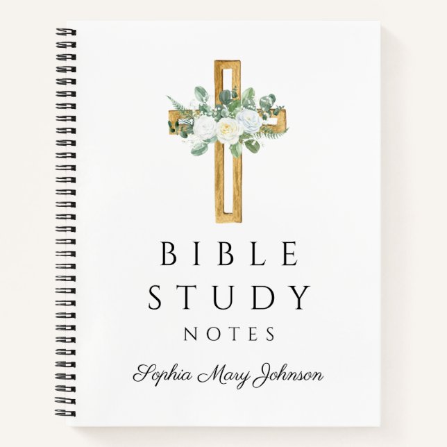 Personalized White Floral Religious Cross  Notebook (Front)