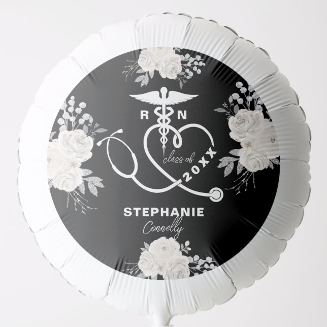 Personalized White Floral RN Nursing School Grad Balloon (Front)