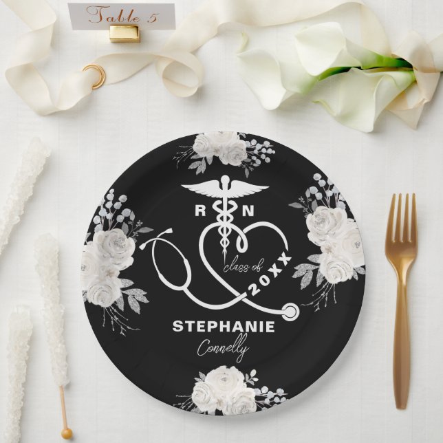 Personalized White Floral RN Nursing School Grad Paper Plates (Wedding)