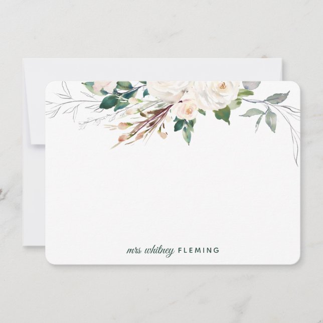 Personalized White Floral Watercolor Greenery Mrs Note Card (Front)