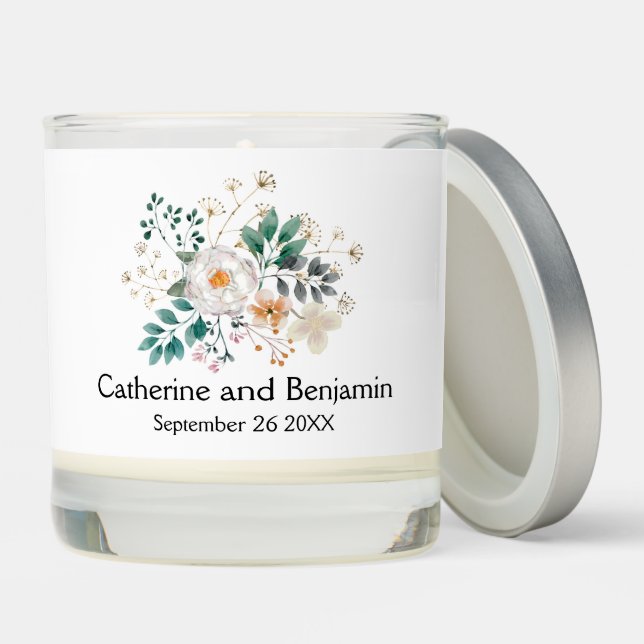 Personalized White Floral Wedding Scented Candle (Lid)