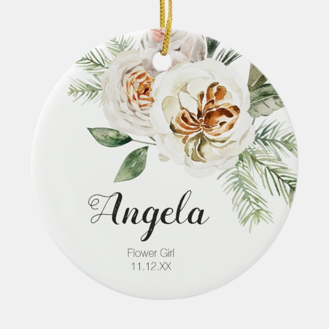 Personalized White Flower Girl Christmas Ceramic Ornament (Front)