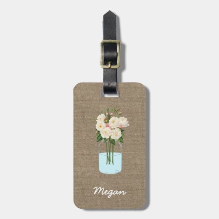 Personalized White Flower Mason Jar On Burlap Luggage Tag