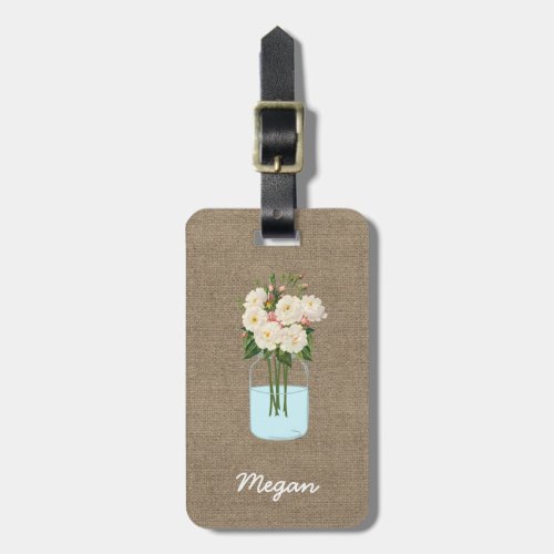Personalized White Flower Mason Jar on Burlap Luggage Tag