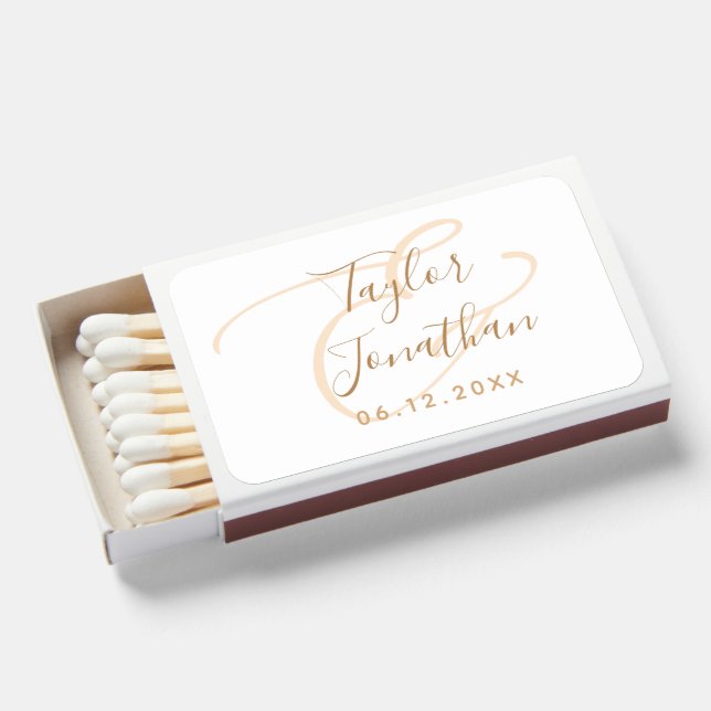 Personalized White & Gold Chic Minimal Wedding Matchboxes (Front Open)