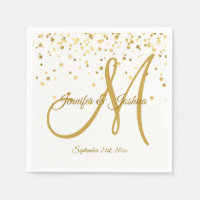 Personalized White Gold Confetti MONOGRAM Wedding Paper Napkin