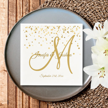 Personalized White Gold Confetti Monogram Wedding Paper Napkins by UniqueWeddingShop at Zazzle