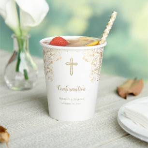 Personalized White Gold Cross Confirmation Paper Cups