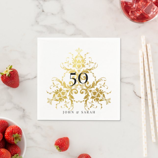 Personalized White & Gold Damask 50th Anniversary  Napkins (Insitu)